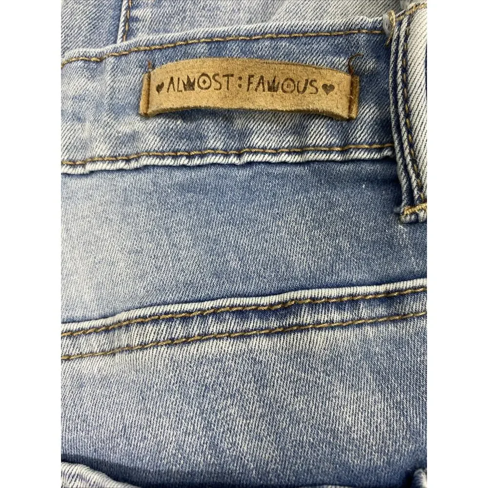 Almost Famous Jeans‎ Juniors Size 9 Medium Wash Denim Destroyed Mid Rise Raw Hem
